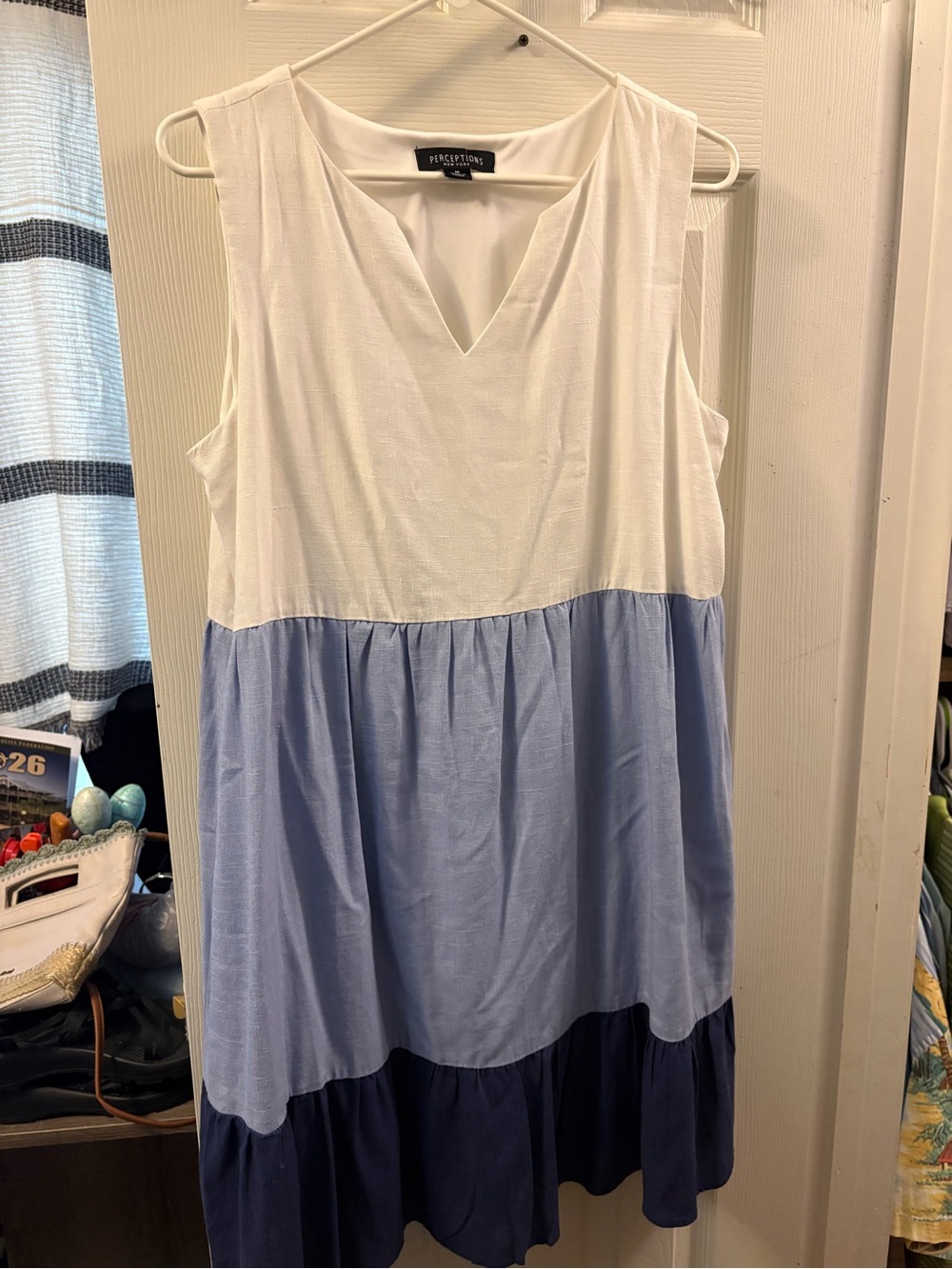 Perceptions Sleeveless Tiered Colorblock Dress - White, Light Blue & Navy